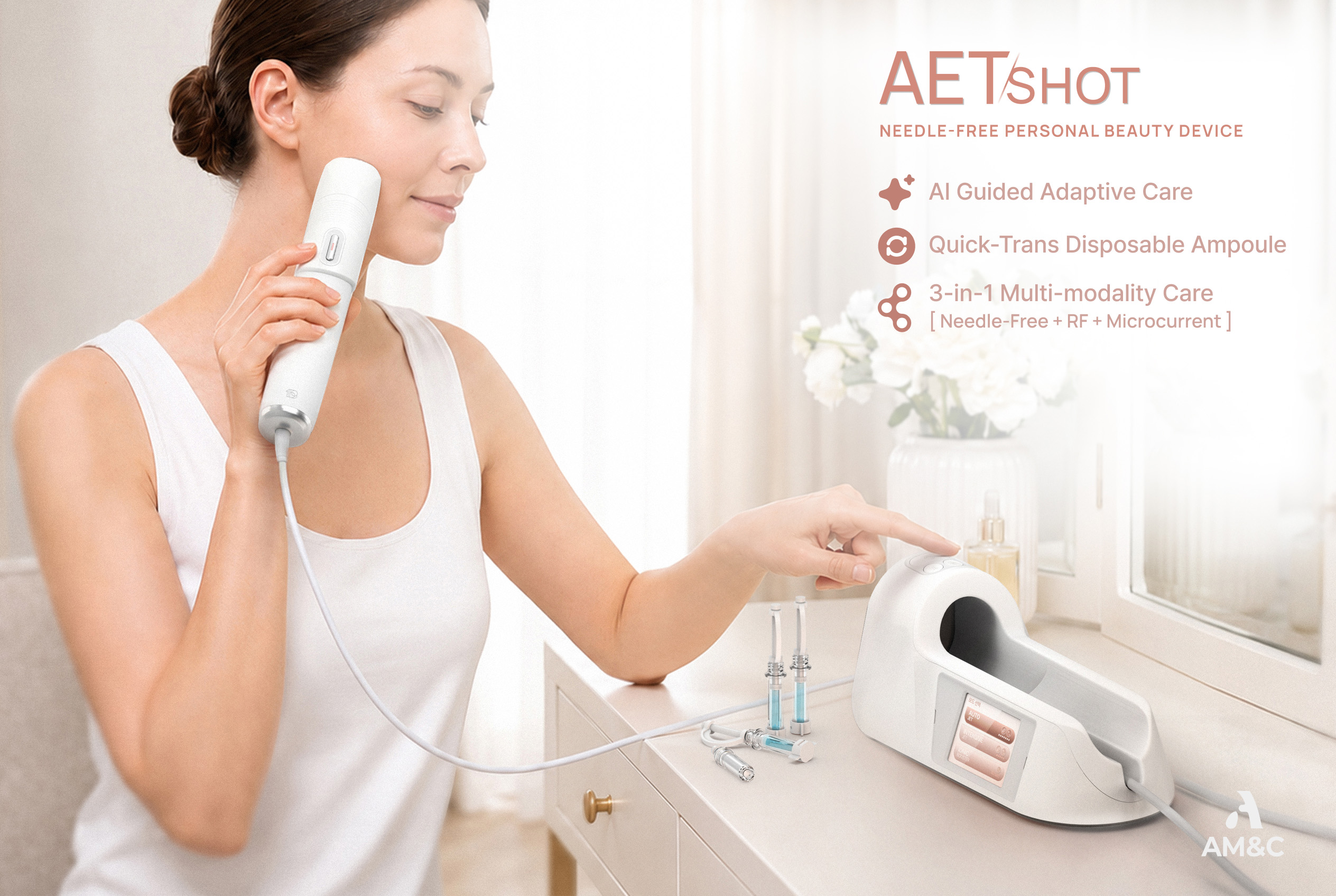 A woman using the AET-Shot handpiece beside its countertop station